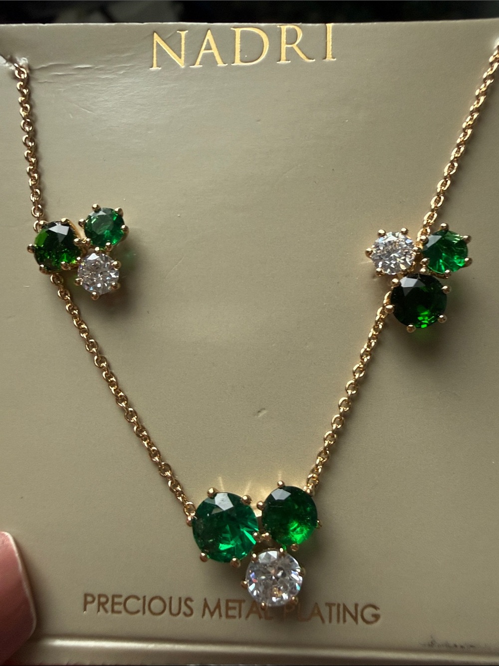 NWT Nadri Emerald Green Crystal Necklace & Stud Earrings Set Gold Tone Gift